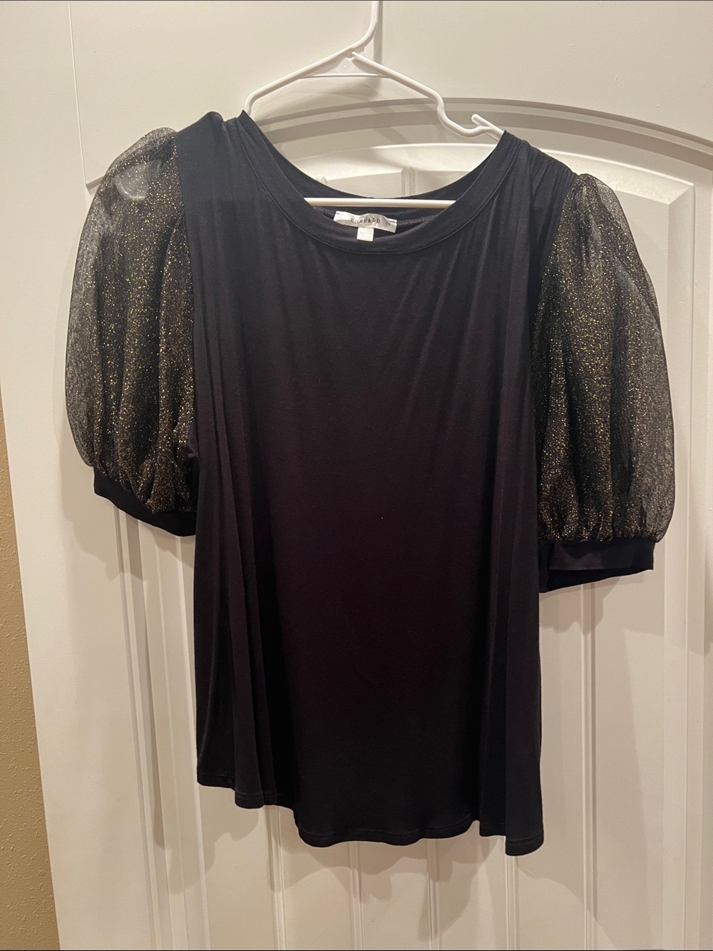 Emerald Black Top with Gold Sheer Puff Sleeves